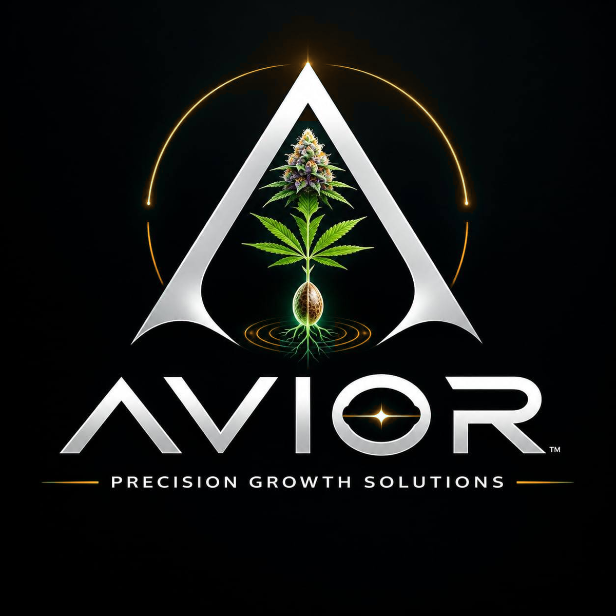 Avior — Precision Growth Solutions. Silver lettering and botanical seed artwork with luminous gold rings.